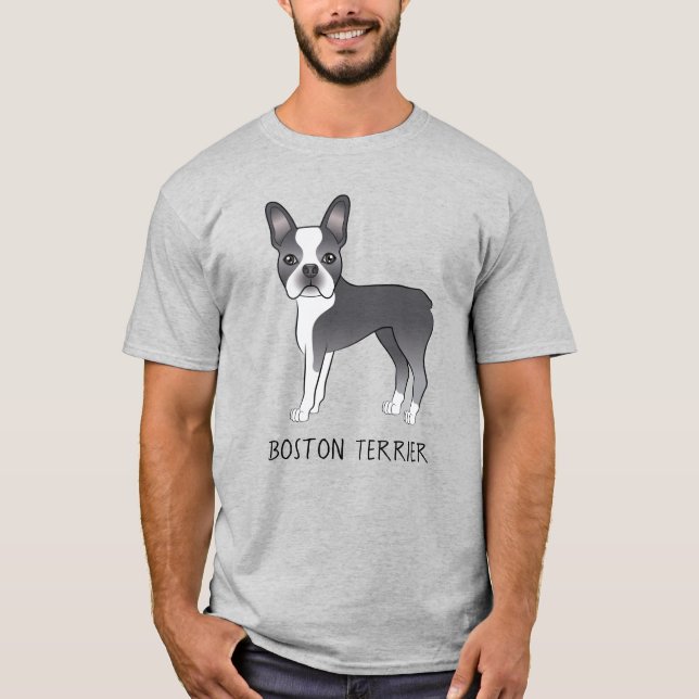 Camiseta Cachorro Boston Terrier Fofo Azul e Branco Com Tex (Frente)