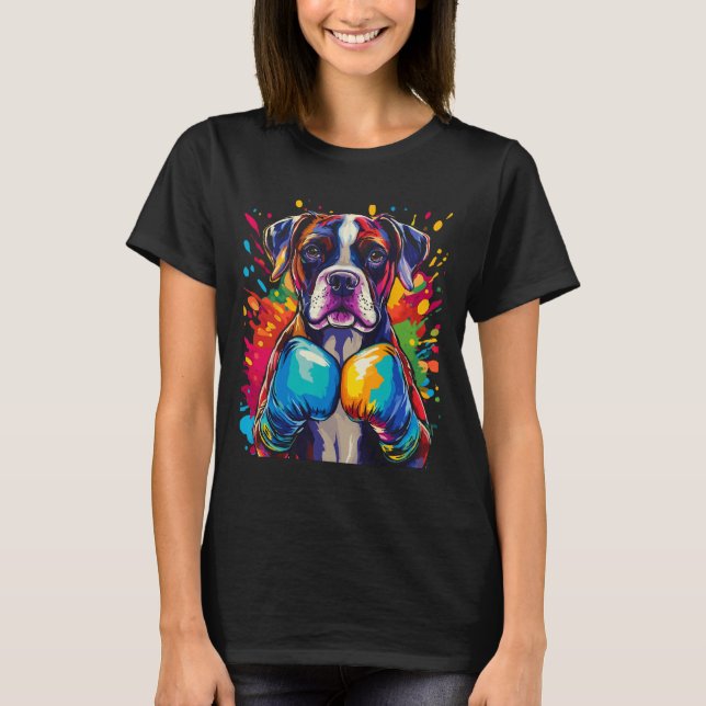 Camiseta Cachorro Boxer Com Luvas de Boxe Salpico de Cor  (Frente)