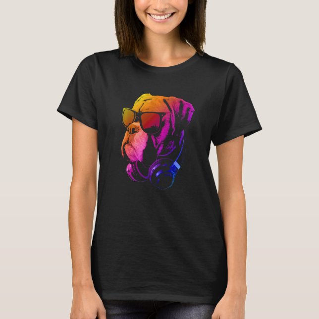Camiseta Cachorro-Boxim Com Óculos-De-Sol E Fones de ouvido (Frente)