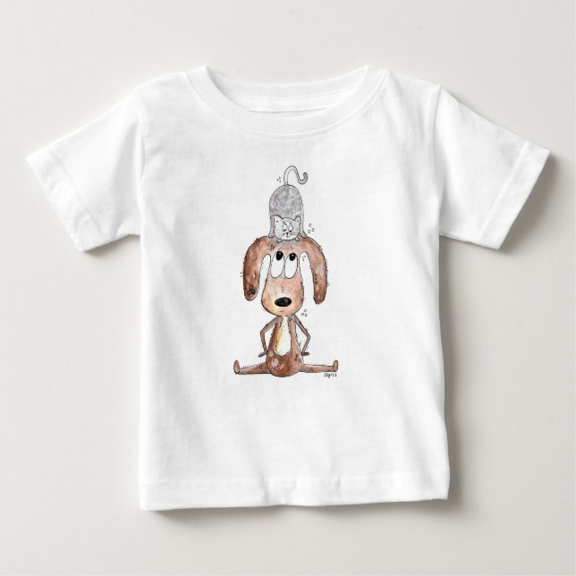 Camiseta Cachorro Branco Bonito com Gato na Cabeça (Frente)