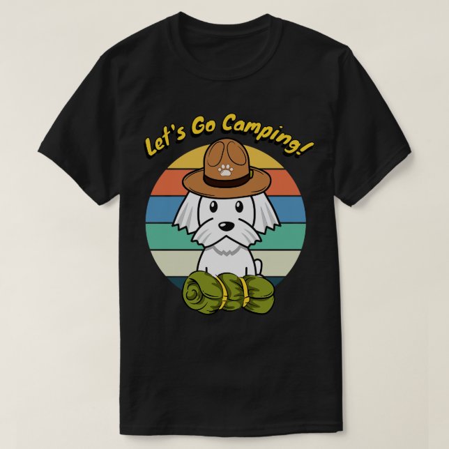 Camiseta Cachorro Branco bonito quer ir acampar (Frente do Design)