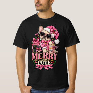 Camiseta Cachorro Bulldog Francês Fofo e Alegre Natal Rosa