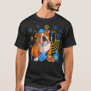 Camiseta Cachorro Bulldog Inglês Judaico Kippah Menorá Hanu