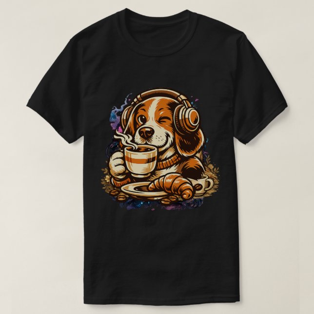 Camiseta Cachorro Café com Fones de Ouvido Cute Beagle Manh (Frente do Design)