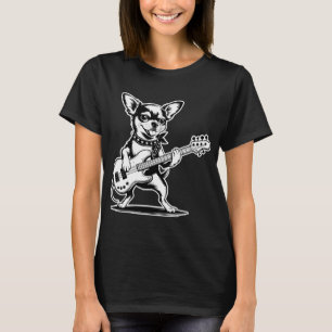Camiseta Cachorro Chihuahua Engraçado Tocando Guitarra Baix