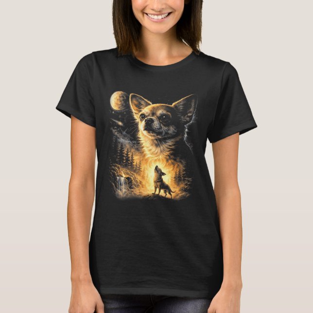 Camiseta Cachorro Chihuahua uivando para a lua meme de cach (Frente)