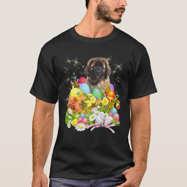 Camiseta Cachorro Coelho De Leonberger Com Cesta De Ovos De (Frente)