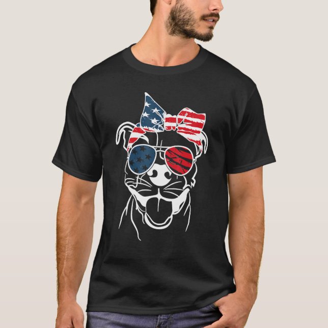 Camiseta Cachorro Coll Patriot Pitbull Com Óculos 4 DE JULH (Frente)