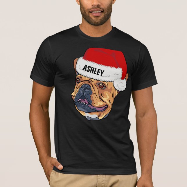 Camiseta Cachorro com Chapéu de Natal Bonito Boston Terrier (Frente)
