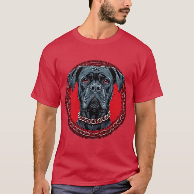 Camiseta Cachorro com coleira em cadeia e fundo em negrito (Frente)