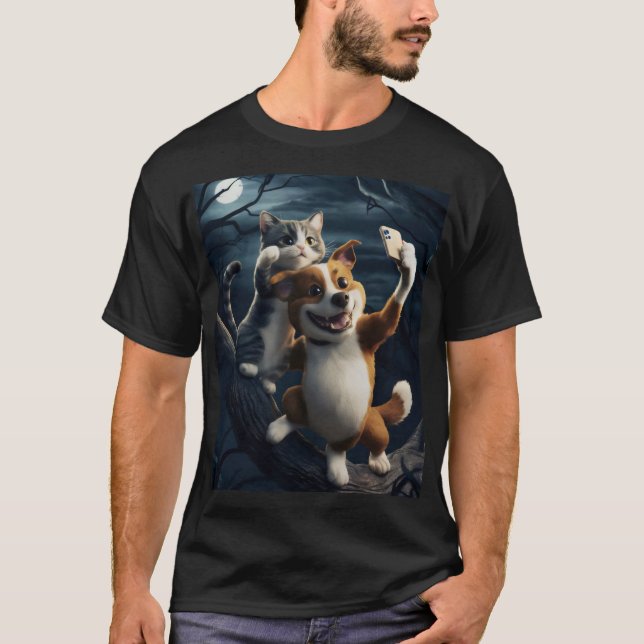 Camiseta Cachorro com gato, eles tiram fotos. (Frente)
