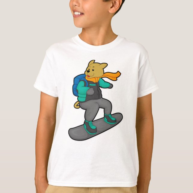 Camiseta Cachorro como Snowboarder com Snowboard e Mochila (Frente)