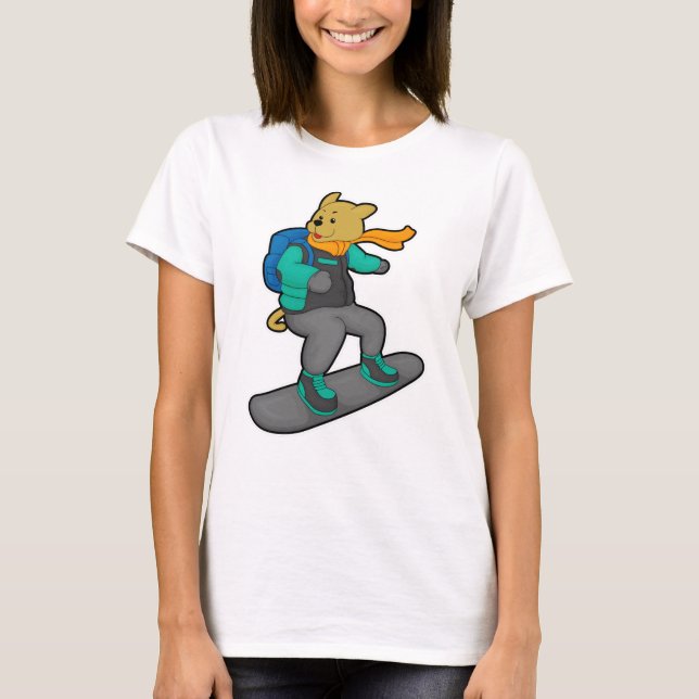 Camiseta Cachorro como Snowboarder com Snowboard e Mochila (Frente)