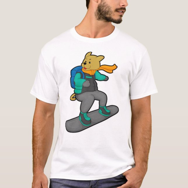 Camiseta Cachorro como Snowboarder com Snowboard e Mochila (Frente)