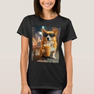 Camiseta Cachorro corgi bebendo café gelado meme engraçado