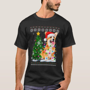 Camiseta Cachorro Corgi Feio Chapéu de Papai Noel Luz de Ár