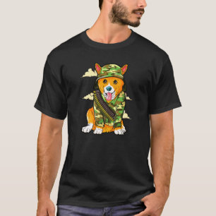 Camiseta Cachorro Corgi Militar Camuflagem Camuflado