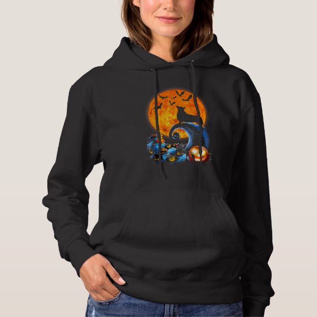 Camiseta Cachorro Corgi Silhouette Moon Pumpkin Bat Hallowe (Frente)