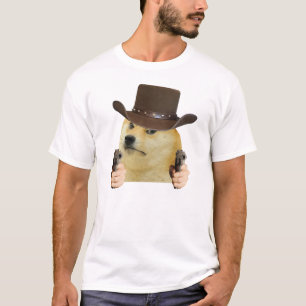 Camiseta Cachorro Cowboy Meme Engraçado Doge Segurando Arma