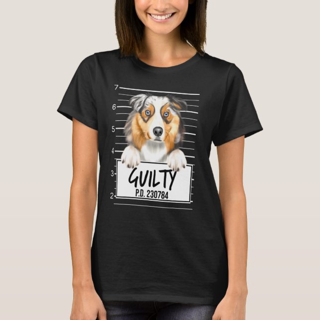 Camiseta Cachorro Culpado Mugshot Australian Shepherd (Frente)