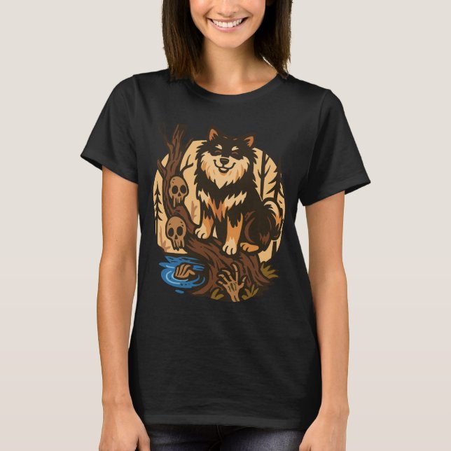 Camiseta Cachorro da Floresta Assustadora com Caveiras Arte (Frente)