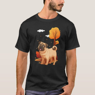 Camiseta Cachorro da raça pug outubro folhas outono parque