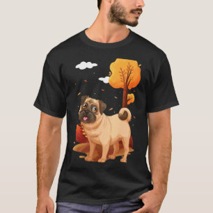 Camiseta Cachorro da raça pug outubro folhas outono parque