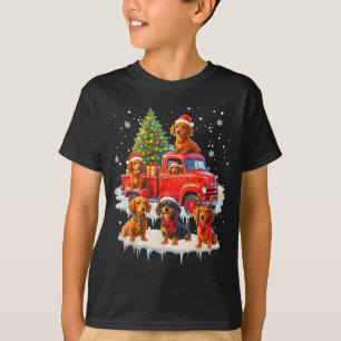 Camiseta Cachorro Dachshund Caminhão Vermelho Árvore de Nat