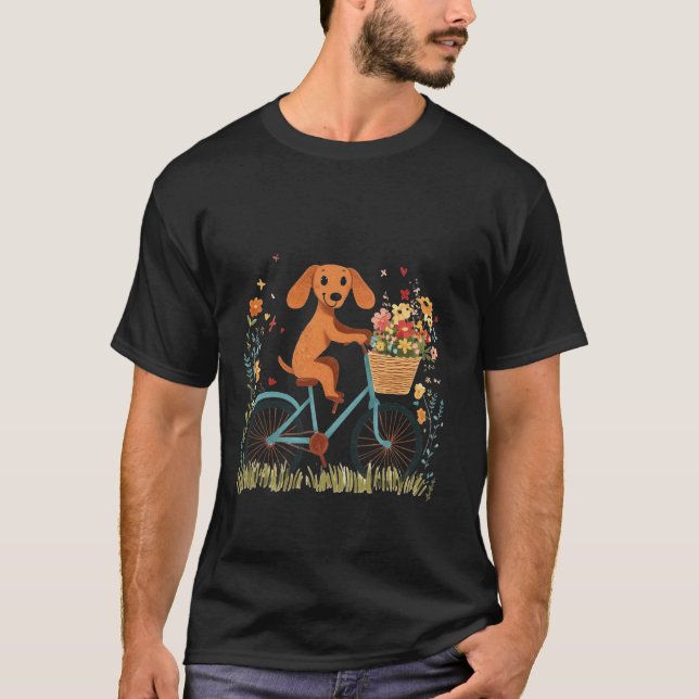 Camiseta Cachorro Dachshund Fofo Andando de Bicicleta Flore (Frente)