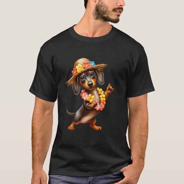 Camiseta Cachorro Dachshund Havaiano Dançando com Flor Trop (Frente)