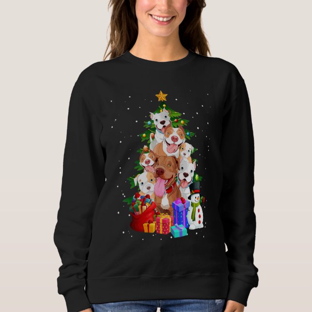 Camiseta Cachorro das Luzes das Árvores de Natal Pitbull (Frente)