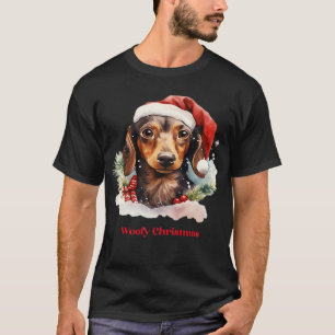 Camiseta Cachorro Daschund Chapéu de Natal de Luzes de Nata