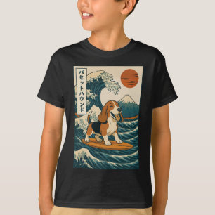 Camiseta Cachorro de Aposta Surfando Onda Japonesa