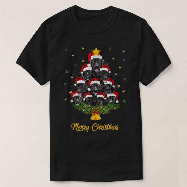 Camiseta Cachorro de Árvore de Natal Black Lab Sobre Xmas E (Frente do Design)