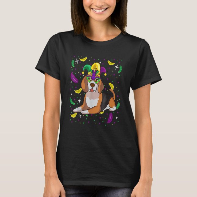Camiseta Cachorro De Beagle Com Festa Mardi Gras De Máscara (Frente)