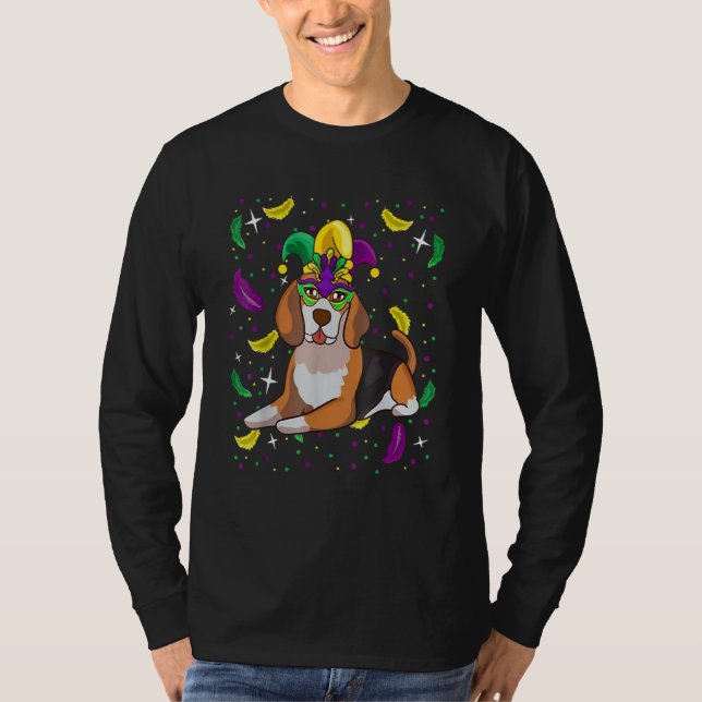 Camiseta Cachorro De Beagle Com Festa Mardi Gras De Máscara (Frente)