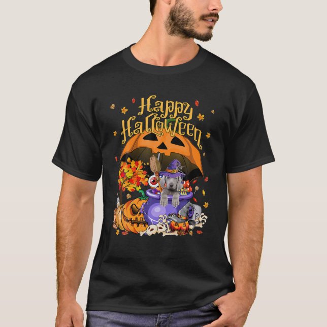 Camiseta Cachorro de Bruxas do Halloween Weimaraner Jack O  (Frente)