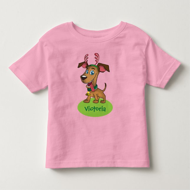 Camiseta Cachorro de Cartoon de Natal com Nome Infantil (Frente)