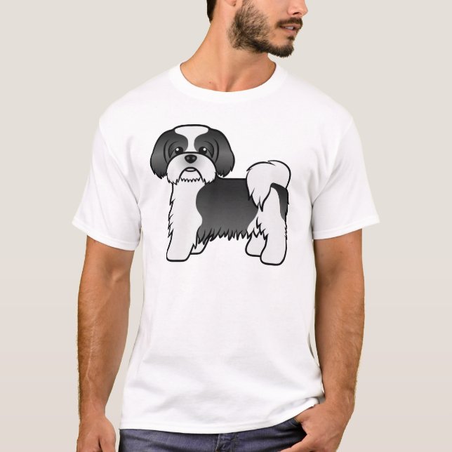 Camiseta Cachorro de Cartoon Negro E Branco Shih Tzu Cute (Frente)