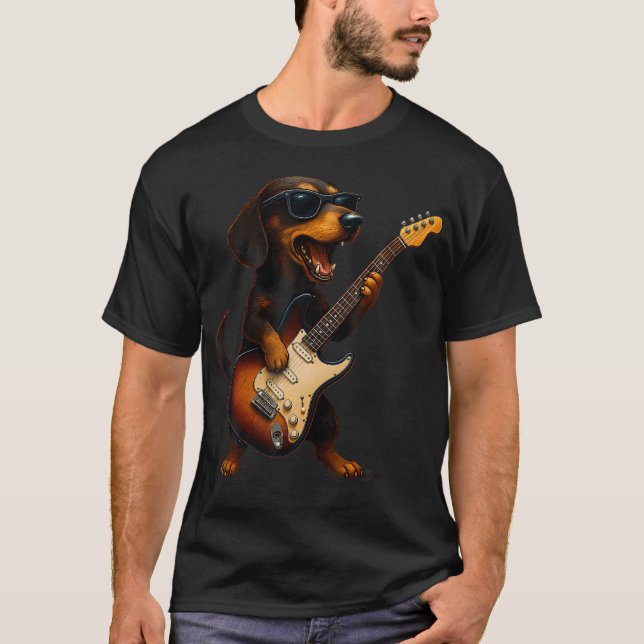 Camiseta Cachorro de Dachshund Tocando Guitarra Música Rock (Frente)