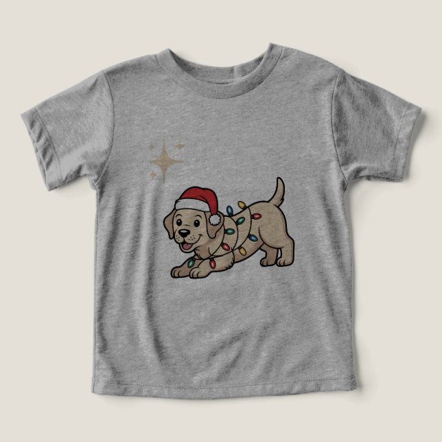 Camiseta Cachorro de Desenho Animado Com Chapéu de Natal (Design frontal)