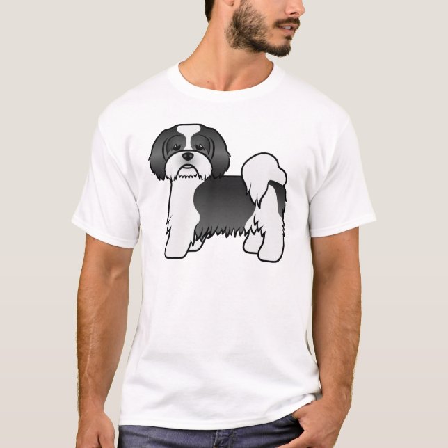 Camiseta Cachorro De Desenho Animado Fofo Lhasa Apso Preto  (Frente)