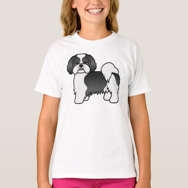 Camiseta Cachorro De Desenho Animado Fofo Lhasa Apso Preto  (Frente)