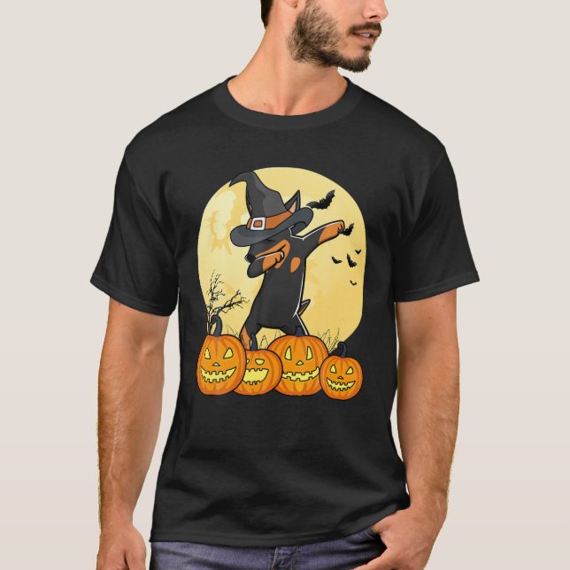 Camiseta Cachorro de Dia das Bruxas Dançando Pinscher Dab M (Frente)