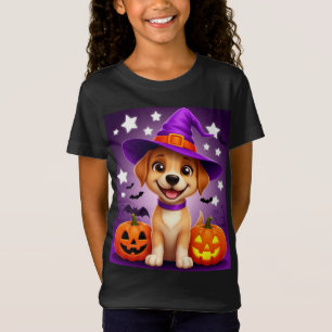 Camiseta Cachorro de Halloween com Chapéu de Bruxa e Abóbor