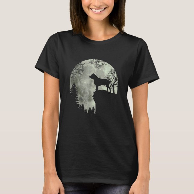 Camiseta Cachorro de Halloween Pitbull Pitbull Cão Lua Uivo (Frente)