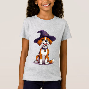 Camiseta Cachorro de Halloween Usando um Chapéu de Bruxa