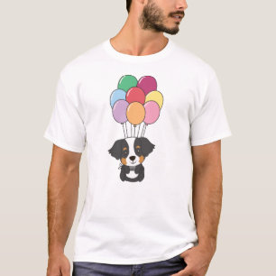Camiseta Cachorro de Montanha Bernês Voa Com Balões Colorid