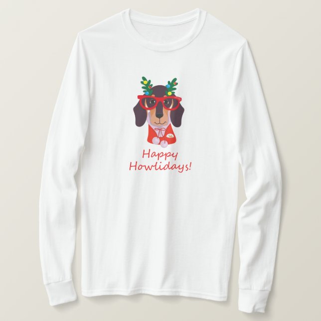 Camiseta Cachorro de Natal Bonito Howlidays Doxie Dachshund (Frente do Design)