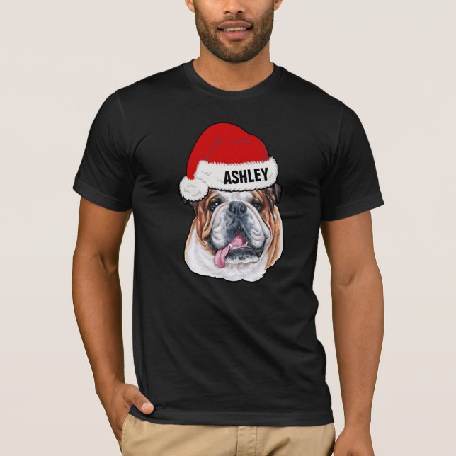 Camiseta Cachorro de Natal com Chapéu Bonito Bulldog Inglês (Frente)